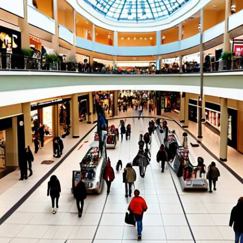 **A crowded shopping mall with subtle AI-powered behavior detection overlays highlighting customer flow and potential theft alerts.** (Focuses on retail application)