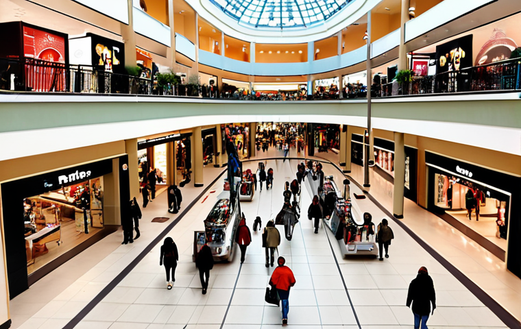 **A crowded shopping mall with subtle AI-powered behavior detection overlays highlighting customer flow and potential theft alerts.** (Focuses on retail application)