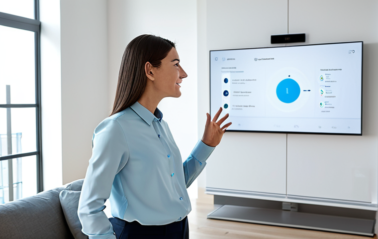 A professional woman, fully clothed in a modest business blouse and slacks, standing in a brightly lit, modern smart home living room. She is gently gesturing towards an interactive holographic display that shows a smart home interface. The display intuitively highlights a lamp she is referring to. The background includes comfortable, minimalist furniture. This scene illustrates seamless human-AI interaction, safe for work, appropriate content, professional, perfect anatomy, correct proportions, natural pose, well-formed hands, proper finger count, natural body proportions, high-quality, professional photography.