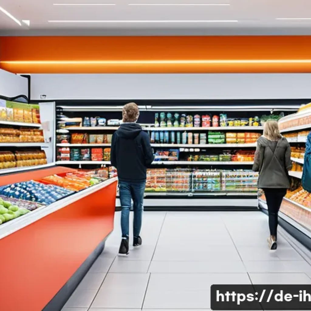 비전 기술의 발전이 가져올 변화 - **Prompt:** A bustling, ultra-modern supermarket in a German city, showcasing a seamless, cashier-le...