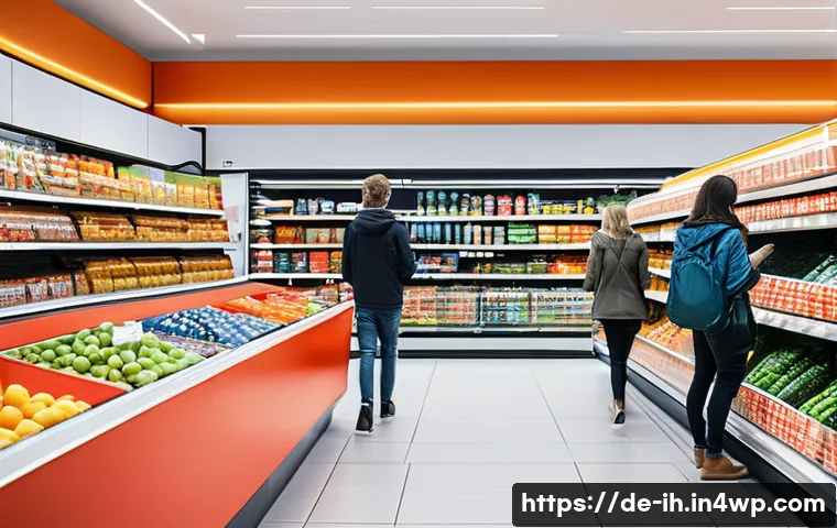 비전 기술의 발전이 가져올 변화 - **Prompt:** A bustling, ultra-modern supermarket in a German city, showcasing a seamless, cashier-le...