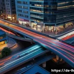 컴퓨터 비전과 IoT의 융합 가능성 - **Prompt:** A vibrant, futuristic cityscape at dusk, showcasing an intelligent traffic management sy...