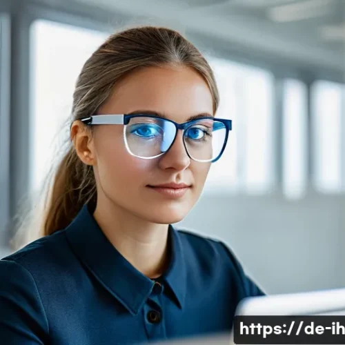 OpenCV로 실시간 얼굴 표정 인식하기 - A modern office setting in Germany showcasing a young professional woman using a laptop with OpenCV ...