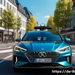 AI와 컴퓨터 비전의 미래 기술 전망 - A high-tech autonomous vehicle navigating a busy urban street in Germany during daylight, equipped w...