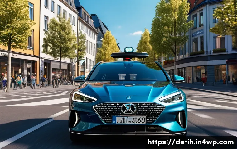 AI와 컴퓨터 비전의 미래 기술 전망 - A high-tech autonomous vehicle navigating a busy urban street in Germany during daylight, equipped w...