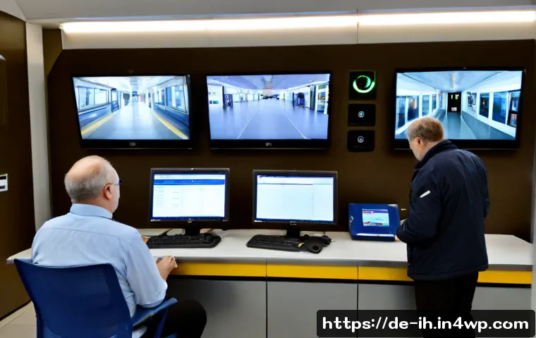 비디오 감시 시스템에서의 행동 인식 - Photorealistic modern video surveillance control room in a German public transit station, middle-age...